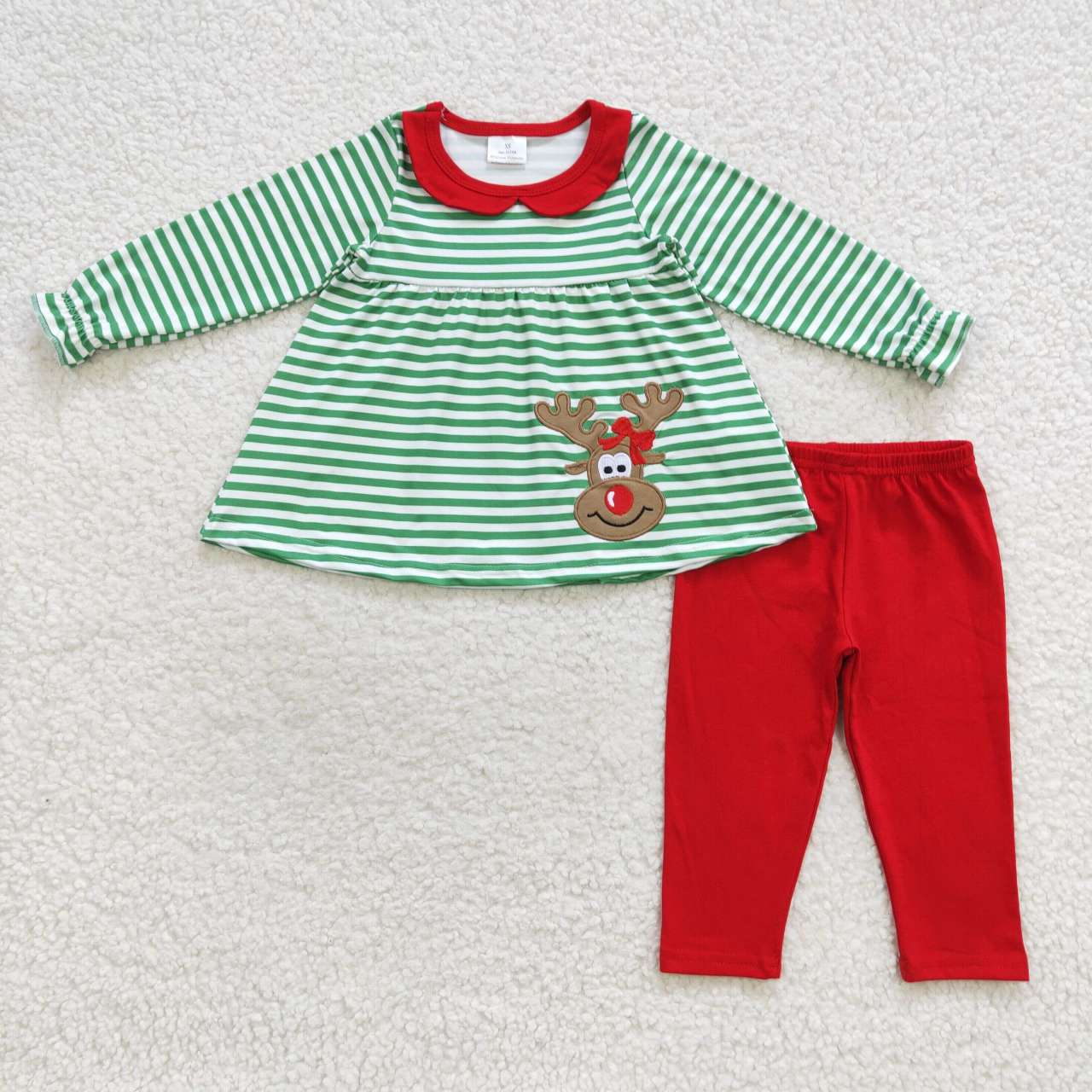 GLP0451 Christmas Embroidery Deer Green Long Sleeves Grils Set