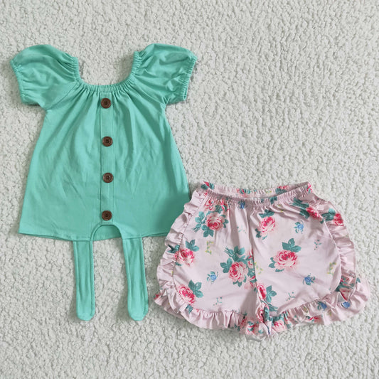 GSSO0034 Green Floral Print Summer Girls Set