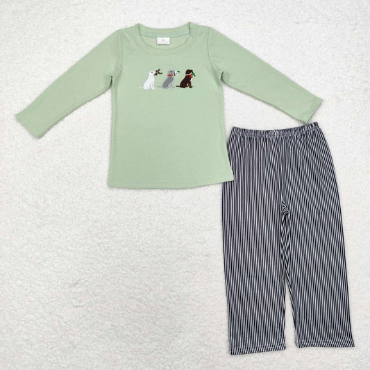 embroidery BLP0741 hunting mallard dog green long sleeve black pants boys set