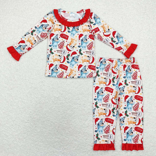 GLP1752 Christmas blue dog holly berry long sleeve pants girls pajamas