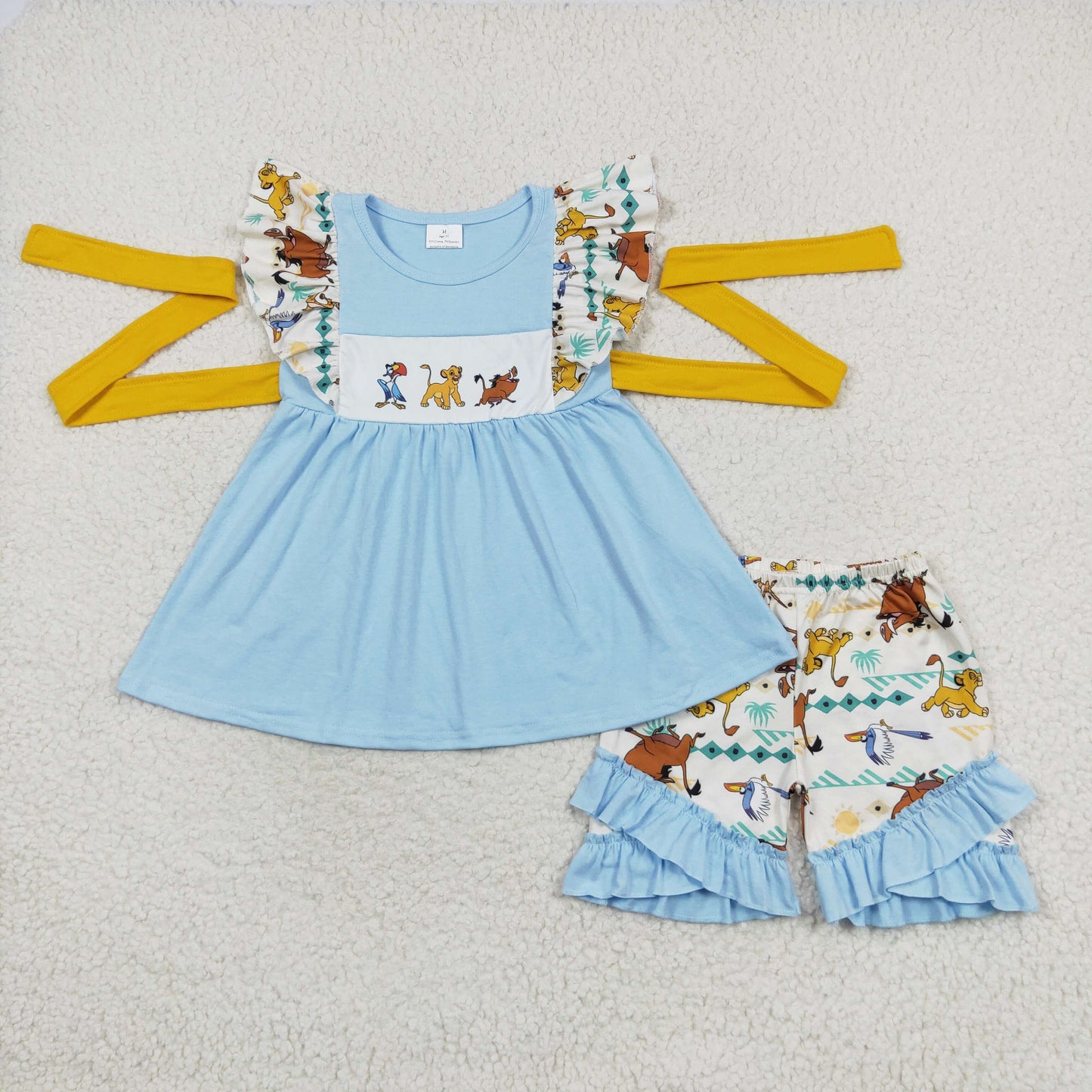 GSSO1191 cartoon lion animals blue ruffles sleeveless cute girls shorts set