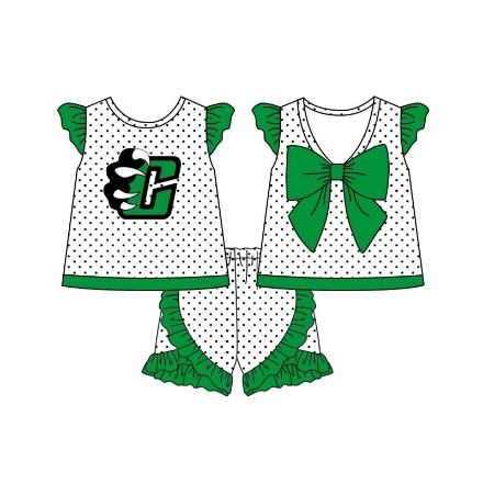custom style C green dot bow flutter sleeve shorts girls set