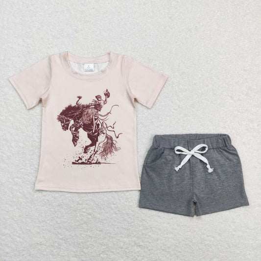 BSSO0476 Baby Boy Western Rodeo Short Sleeve Grey Cotton Shorts Boys Set Kids Western Clothes