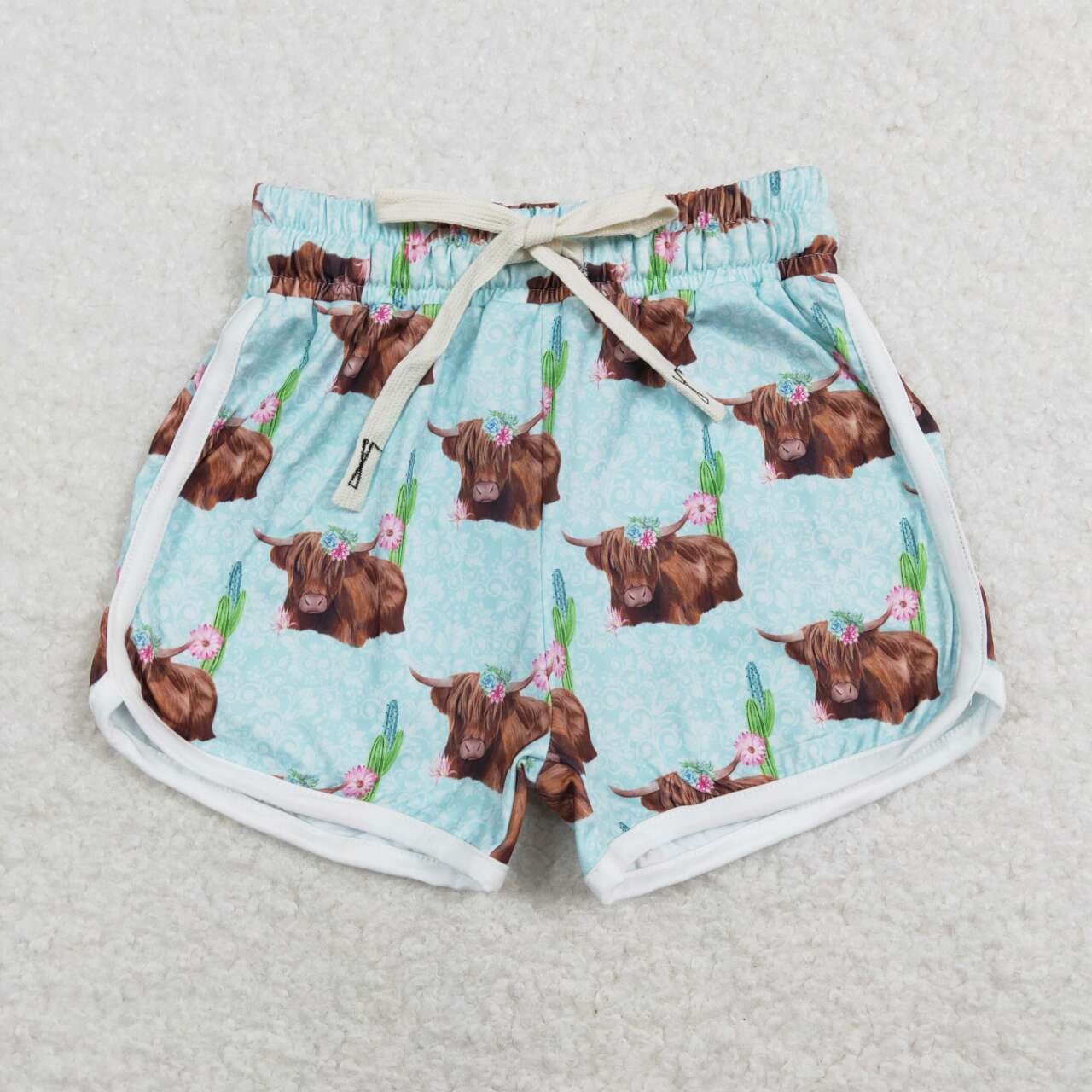 SS0123 Highland cow flowers blue kids shorts