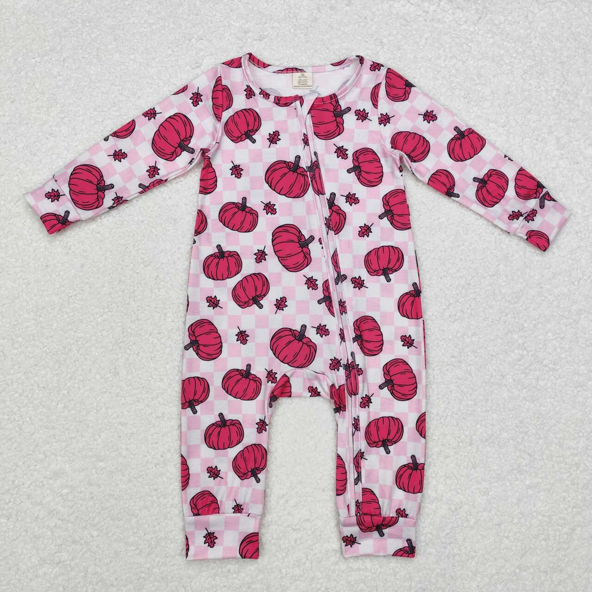 bamboo LR1456 hot pink pumpkin checkered long sleeve zipper girls romper