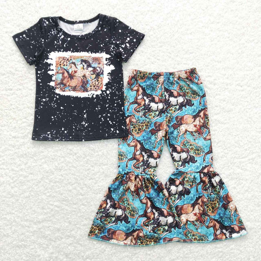GSPO1199 Western Horse Blue Short Sleeve Leopard Pants Girls Set