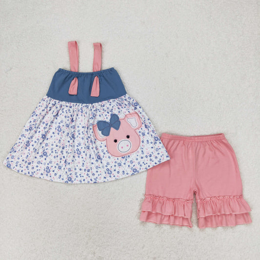 GSSO0493 Cute Cartoon Pig Flowers Pink Sleeveless Girls Set