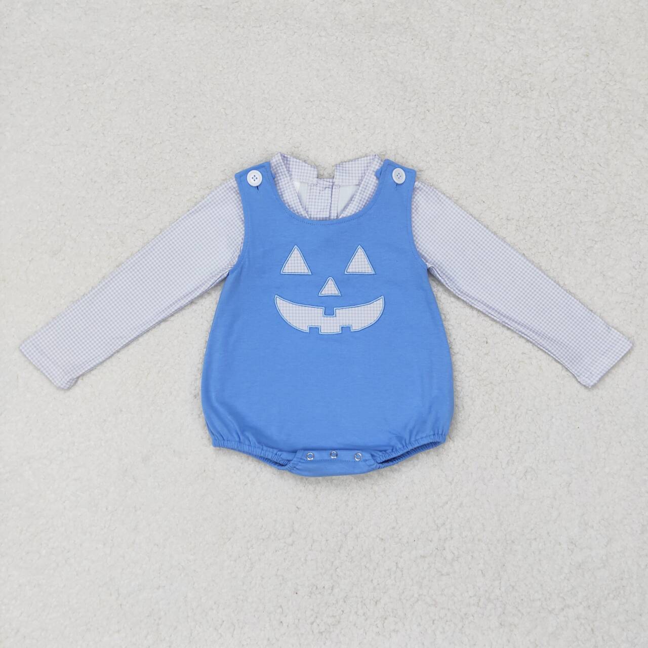 LR1172 embroidery Halloween smile pumpkin long sleeve blue boys romper 2pcs