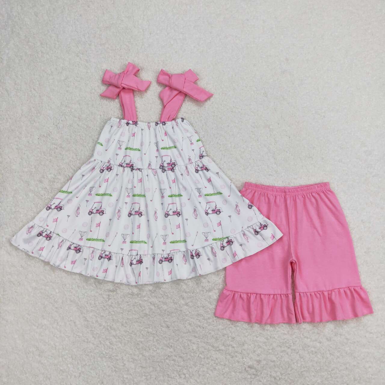 GSSO0659 Golf car hot pink sleeveless hot pink shorts girls set
