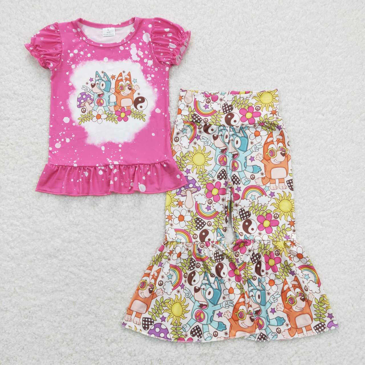 GSPO1375 Cartoon blue dog hot pink short sleeve flowers rainbow pants girls set