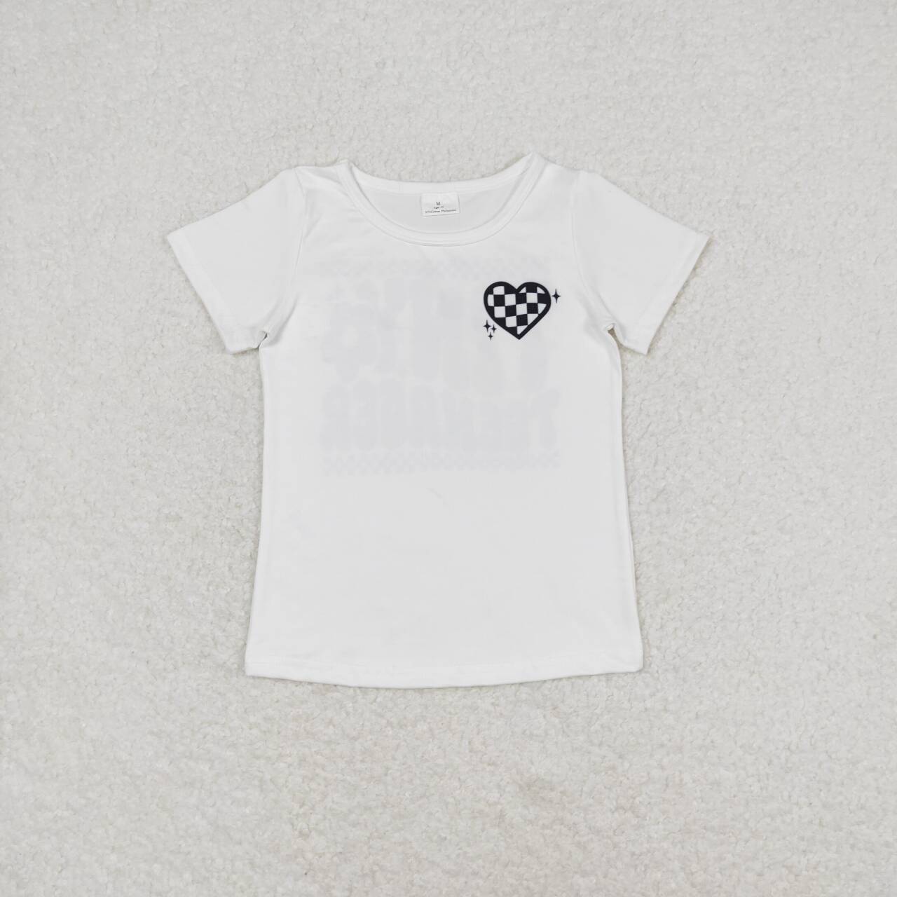 GT0527 tiny teenager checkered heart white short sleeve girls top