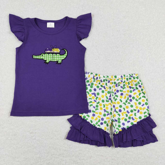 GSSO0444 Embroidery Mardi Gras Crocodile Purple Flutter Sleeve Ruffles Shorts Girls Set