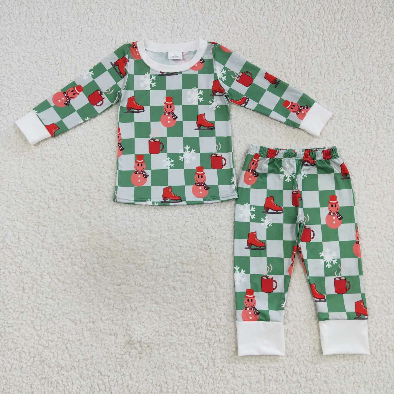 BLP0317 Christmas snowman green plaid long sleeve pants boys pajamas