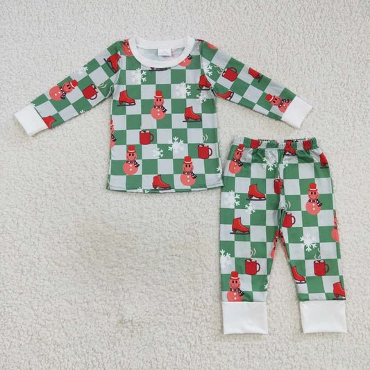 BLP0317 Christmas snowman green plaid long sleeve pants boys pajamas