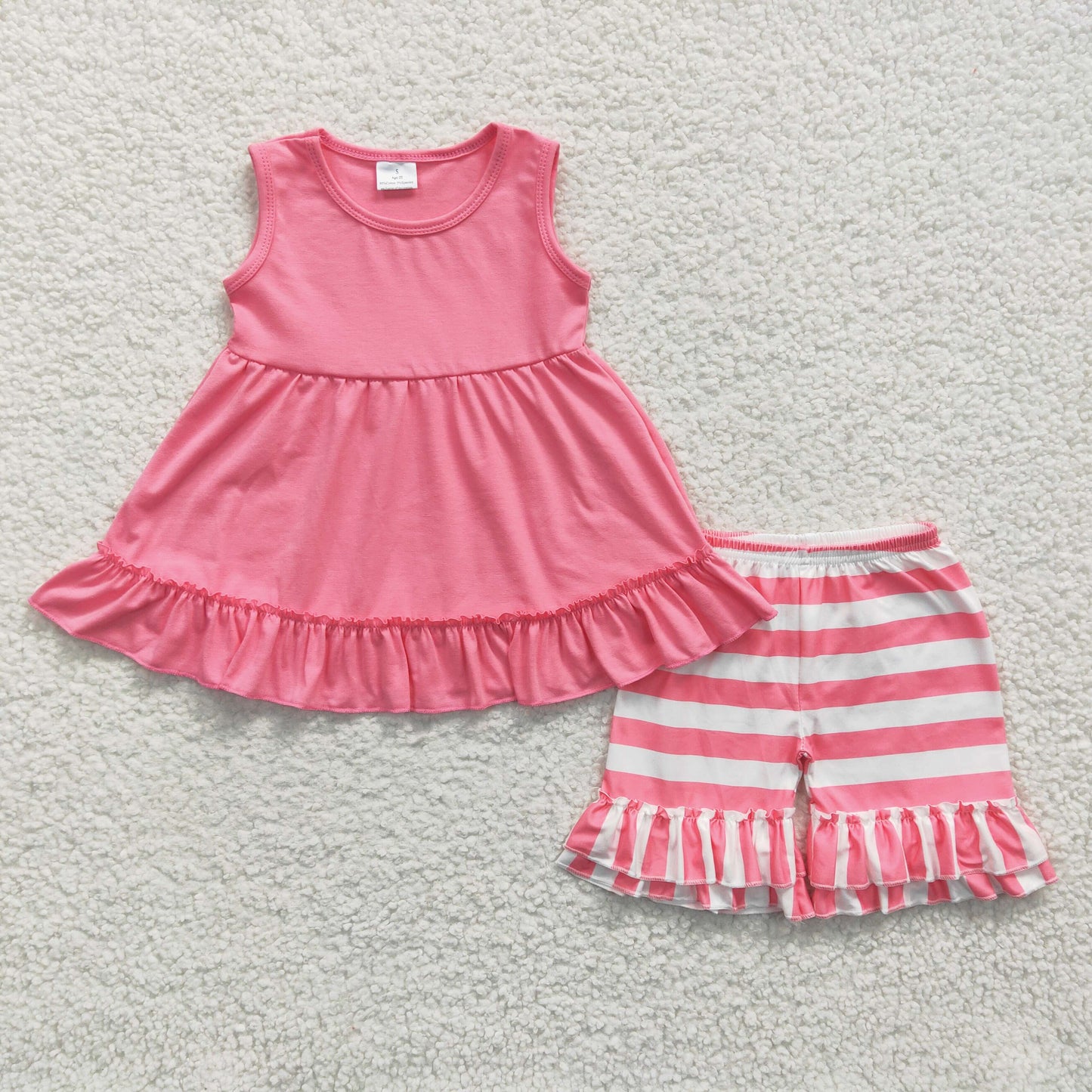 C10-16 Pink Sleeveless Dress Top Match Striped Print Shorts Girls Set