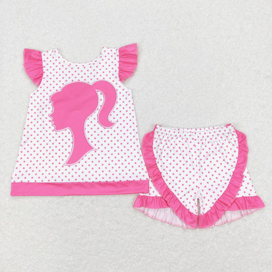 GSSO0384 BA pink flutter sleeve ruffles shorts girls set