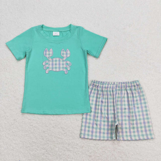 BSSO0638 embroidery Cab green short sleeve checkered shorts boys set