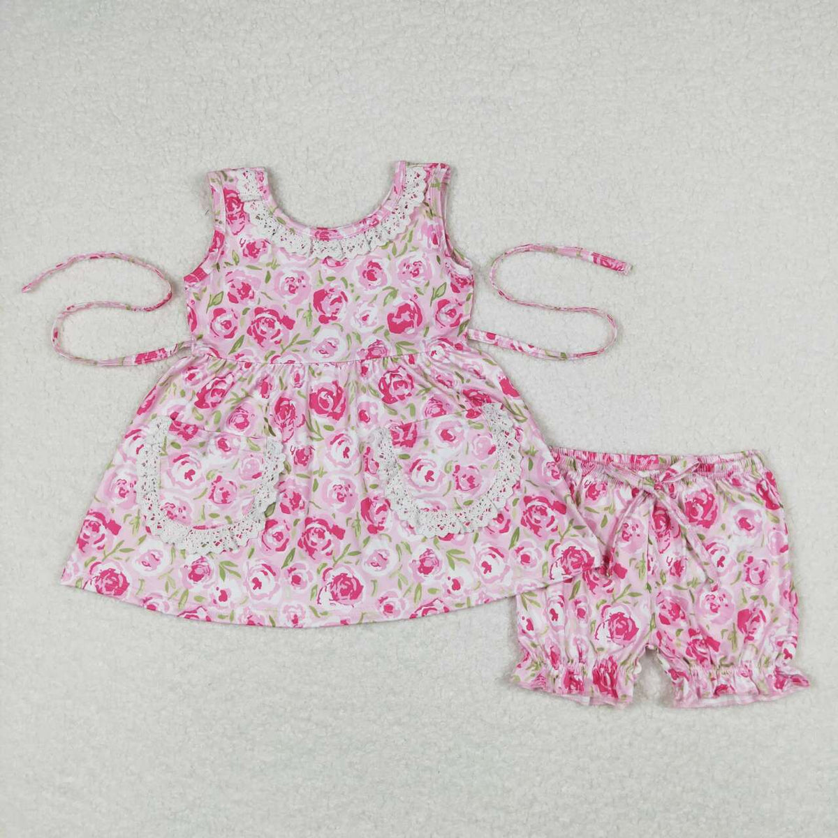 GSSO0685 Hot pink flowers sleeveless shorts girls set