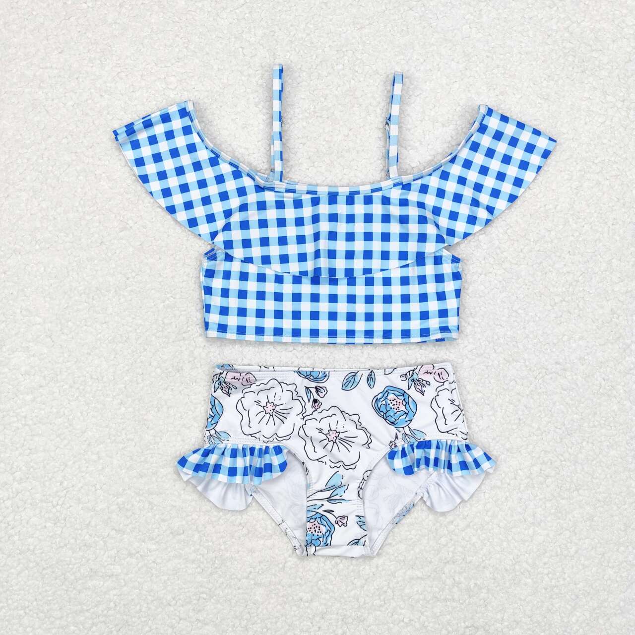 S0254 Blue checkered flowers girls swimsuits