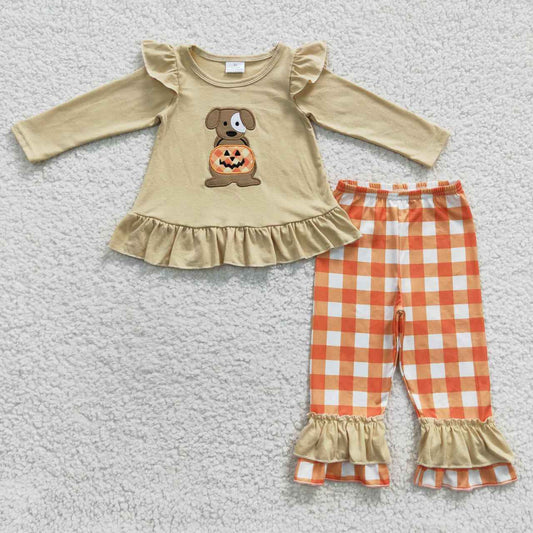 GLP0433 Embroidery Halloween Dog Pumpkin Long Sleeves Orange Strip Pants Girls Set