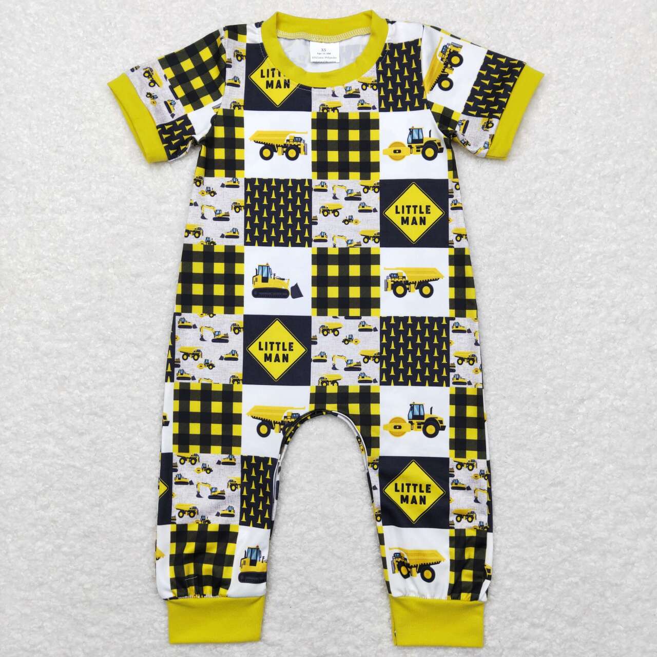 SR0609 Little man Construction truck yellow short sleeve kids romper