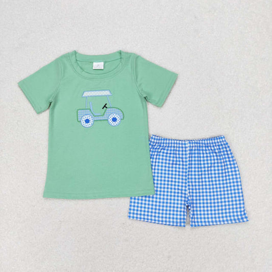 BSSO0692 embroidery Golf car green short sleeve blue checkered shorts boys set
