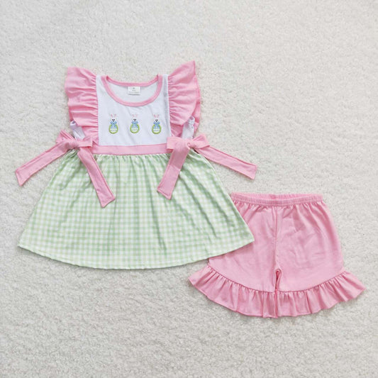 GSSO0436 embroidery Easter rabbit green checkered flutter sleeve pink shorts girls set