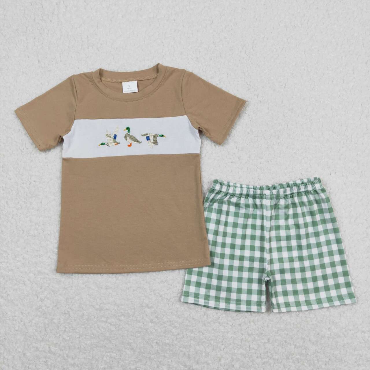 BSSO0608 Mallard khaki short sleeve green checkered shorts boys set