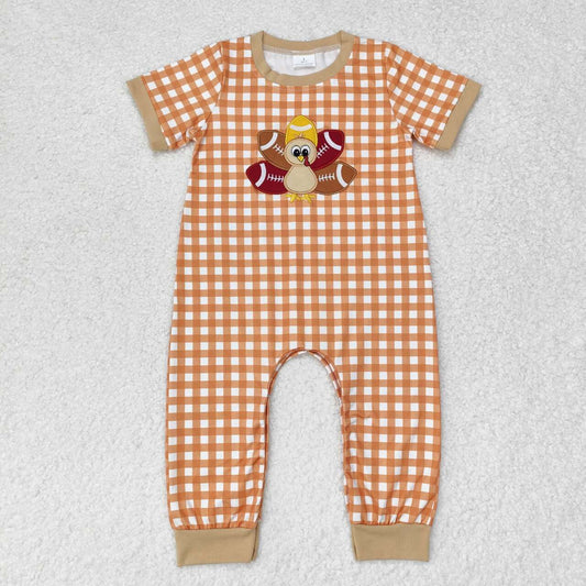 SR1887 embroidery Thanksgiving turkey brown checkered short sleeve boys romper
