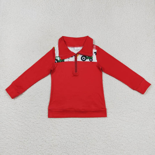 BT0347 Farm tractor chick red long sleeve boys pullover