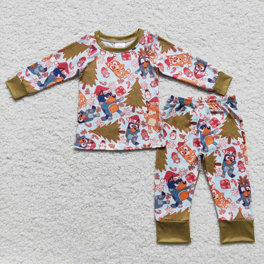BLP0258 Christmas Cartoon Dog Green Long Sleeve Pants Boys Pajamas