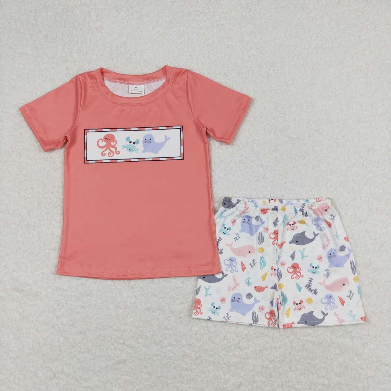 BSSO0671 Crab sea lion octopus watermelon red short sleeve cartoon animals shorts boys set