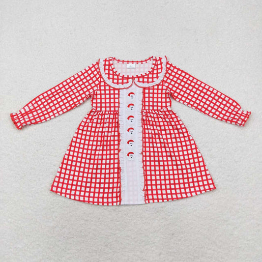 GLD0612 embroidery Christmas Santa red checkered long sleeve girls dress
