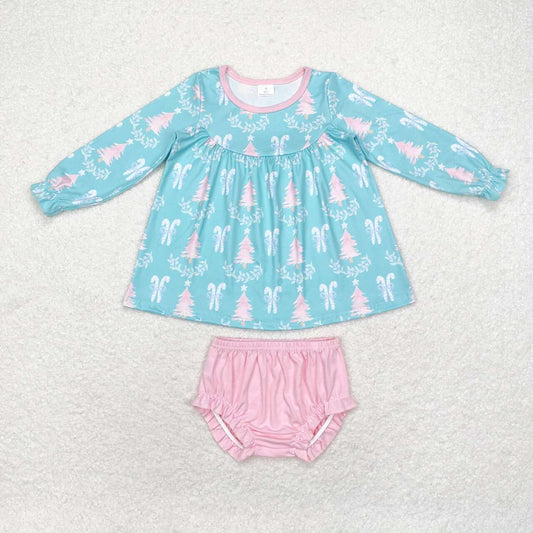 GBO0404 Christmas dance girl tree blue long sleeve pink girls bummies set