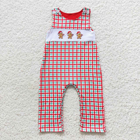 SR0406 Embroidery gingerbread man red & green plaid sleeveless kids romper