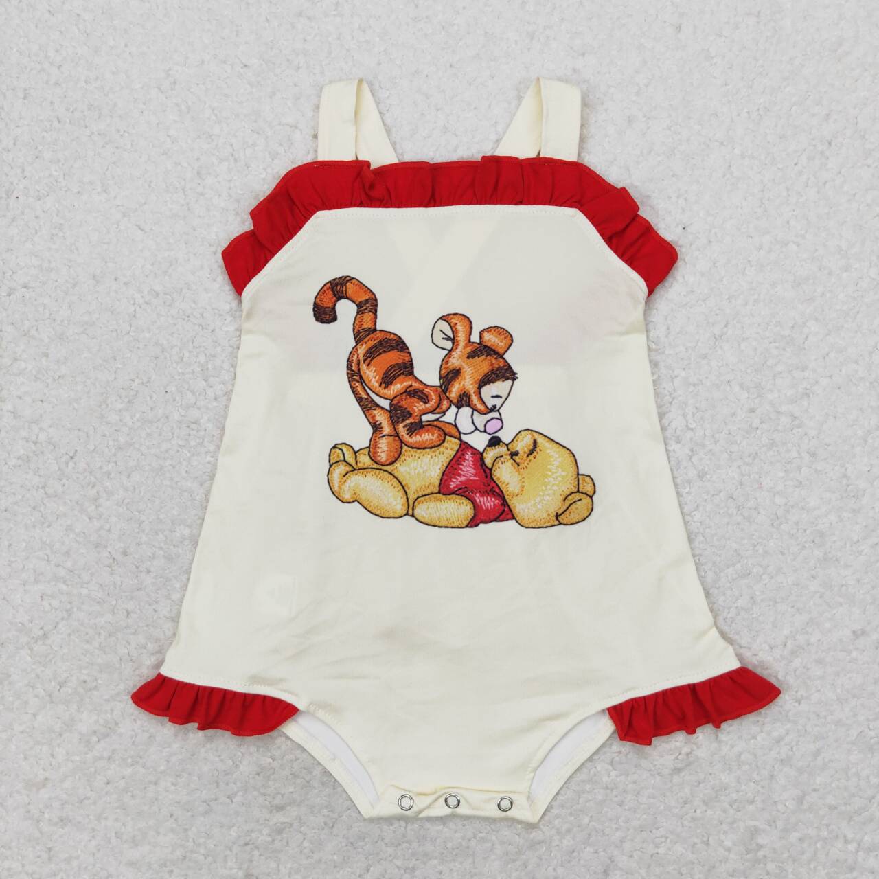 SR1705 cartoon bear tiger bow red checkered girls romper