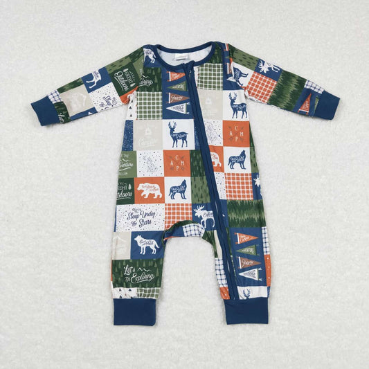 LR0719 Animals cow deer tree green long sleeve kids romper