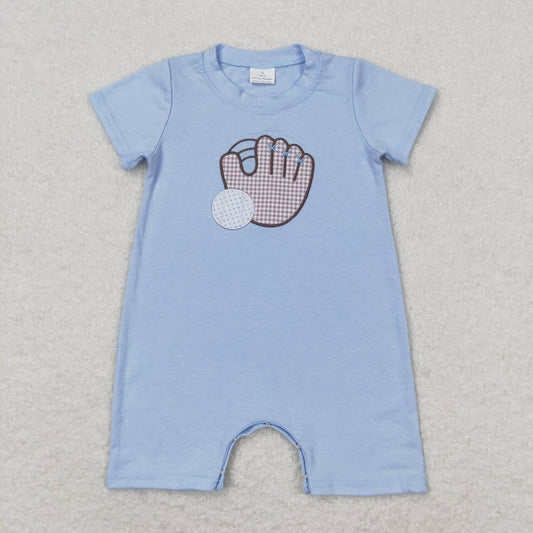 SR1214 embroidery Baseball glove blue short sleeve boys romper