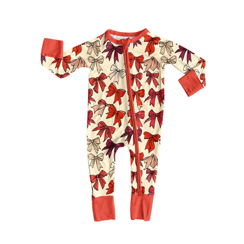 custom moq 5 Valentine's Day bows red zipper long sleeve girls romper