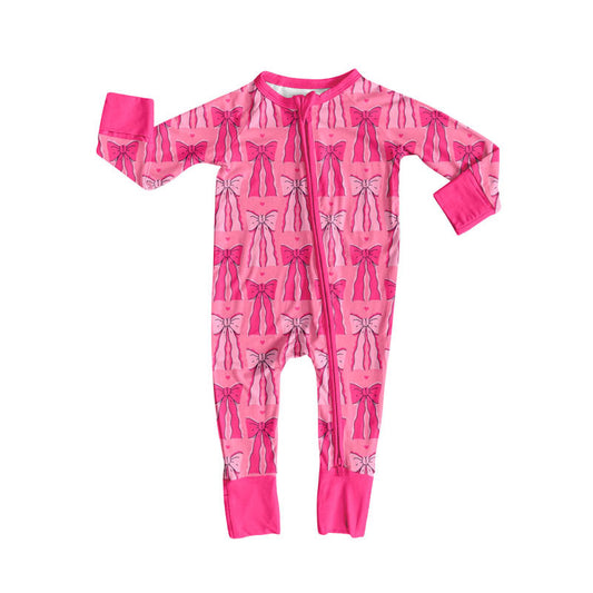 custom moq 5 Valentine's Day heart bows hot pink zipper long sleeve girls romper