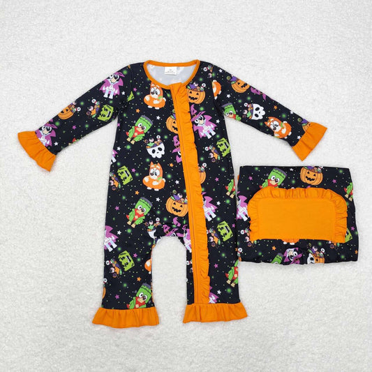 LR1694 Halloween pumpkin blue dog black orange long sleeve zipper girls romper