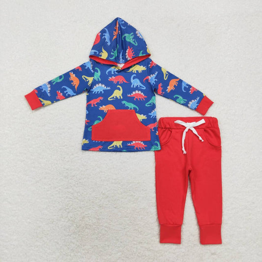 BLP0637 colorful dinosaur pocket long sleeve hoodie red pants boys set