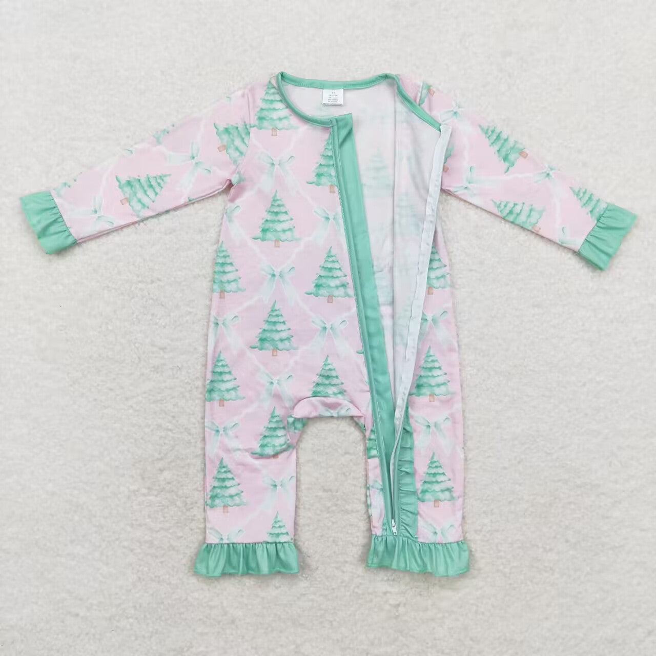 LR1073 bamboo Christmas green tree pink long sleeve girls zipper romper