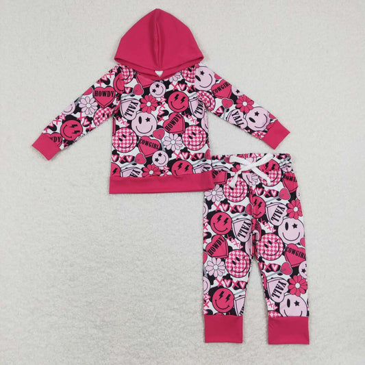 GLP1126 Baby Girl Cowgirl Smile Heart Hot Pink Long Sleeve Hoodie Girls Set Kids Valentine's Day Clothes