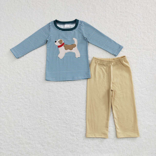 BLP0380 Dog blue striped long sleeve khaki pants boys set