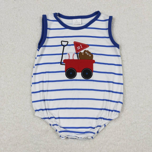 SR0935 embroidery Baseball Red Truck Blue Striped Sleeveless Boys Romper