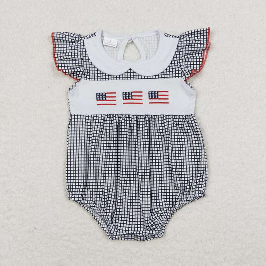 SR1000 embroidery July 4th Flag Black Checkered Flutter Sleeve Girls Romper