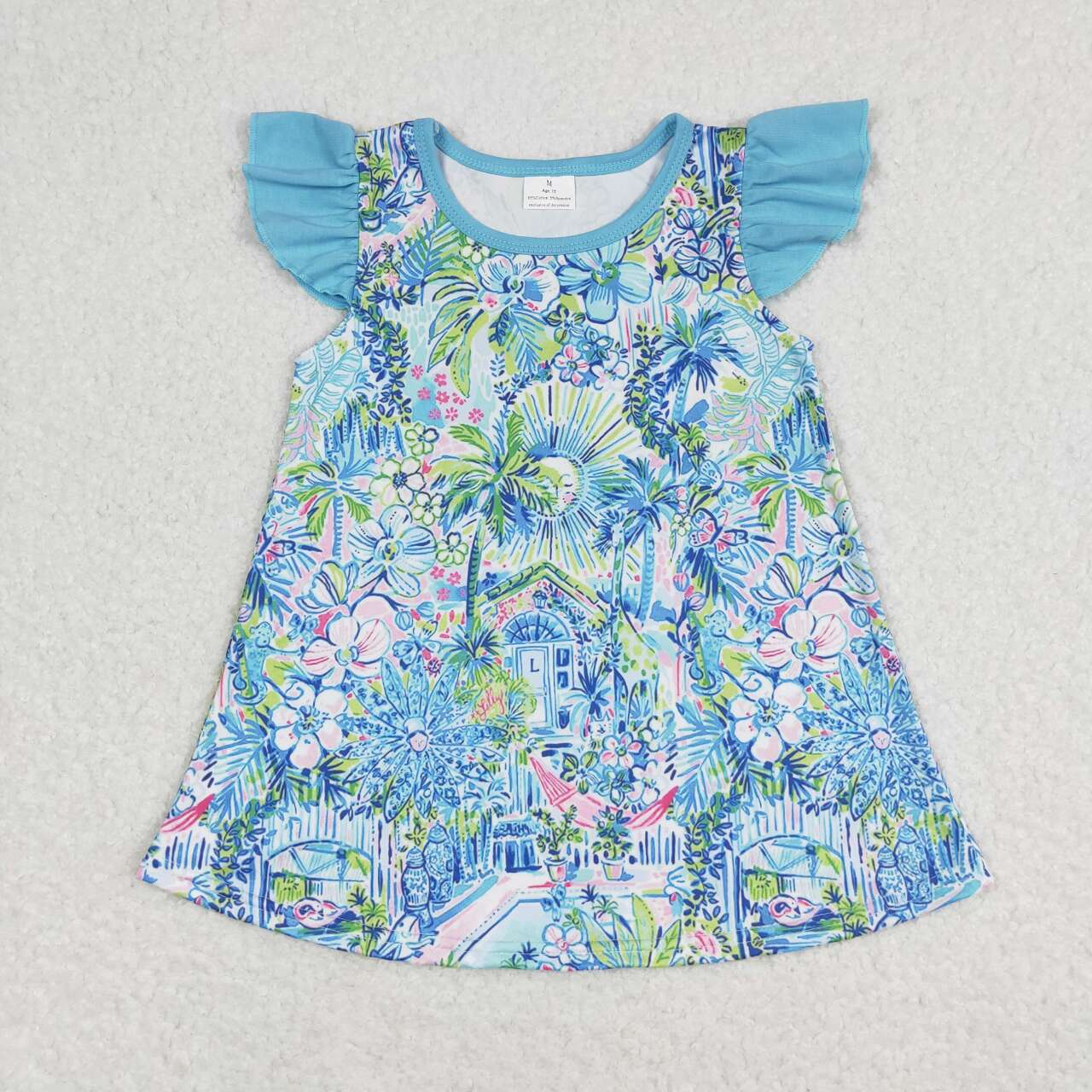 GT0562 horse blue flowers tree bright color flutter sleeve girls top