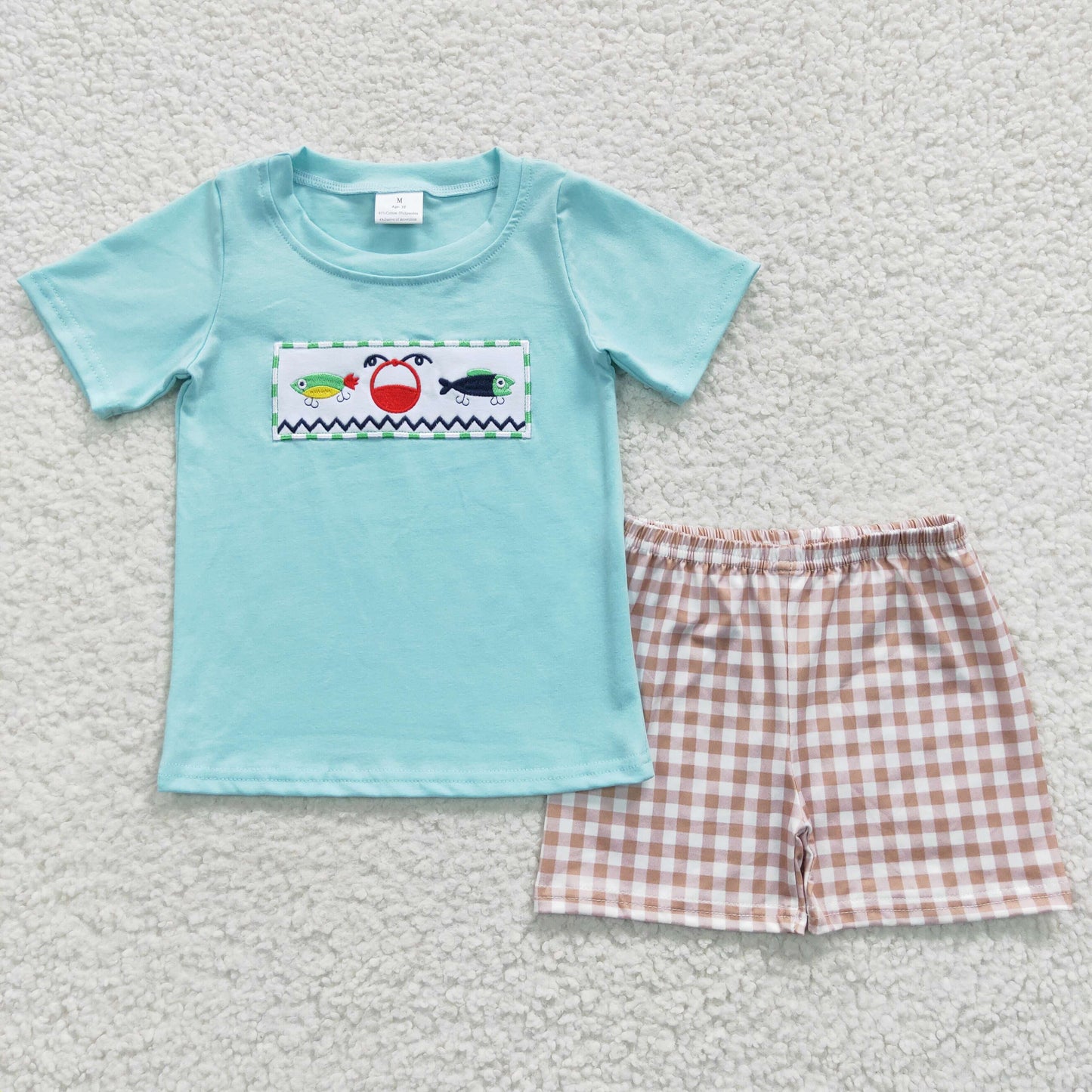 BSSO0262 Embroidery Fish Blue Short Sleeve Brown Cell Shorts Boys Set