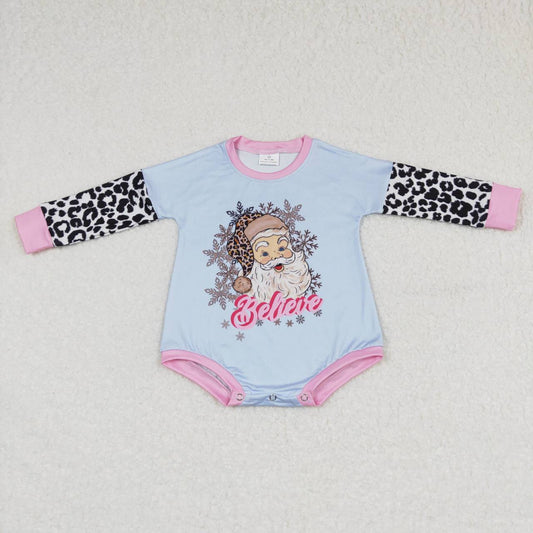LR0462 Christmas Blue Santa Claus Cow Print Long Sleeve Kids Romper